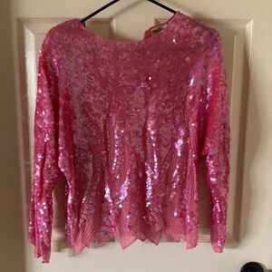 Vintage Oleg Cassini Hot Pink Sequin Disco Hand Beaded 100% Silk Blouse Small